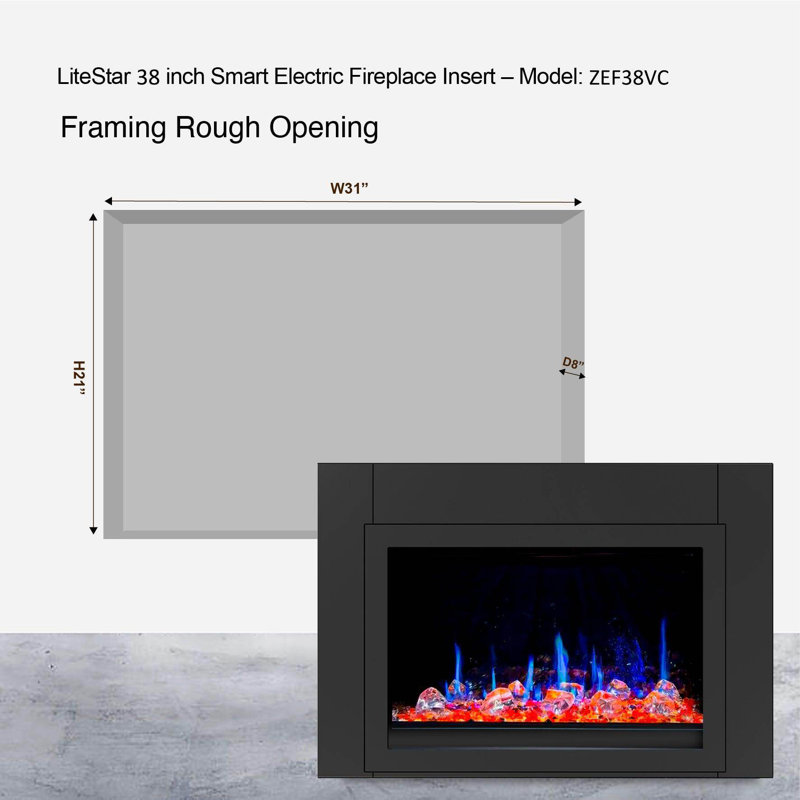 Foyer électrique encastrable noir L Lite 38 po Litéeer - Roches de glace pilée en acrylique, H 26 po x l 38 po x P 8 po