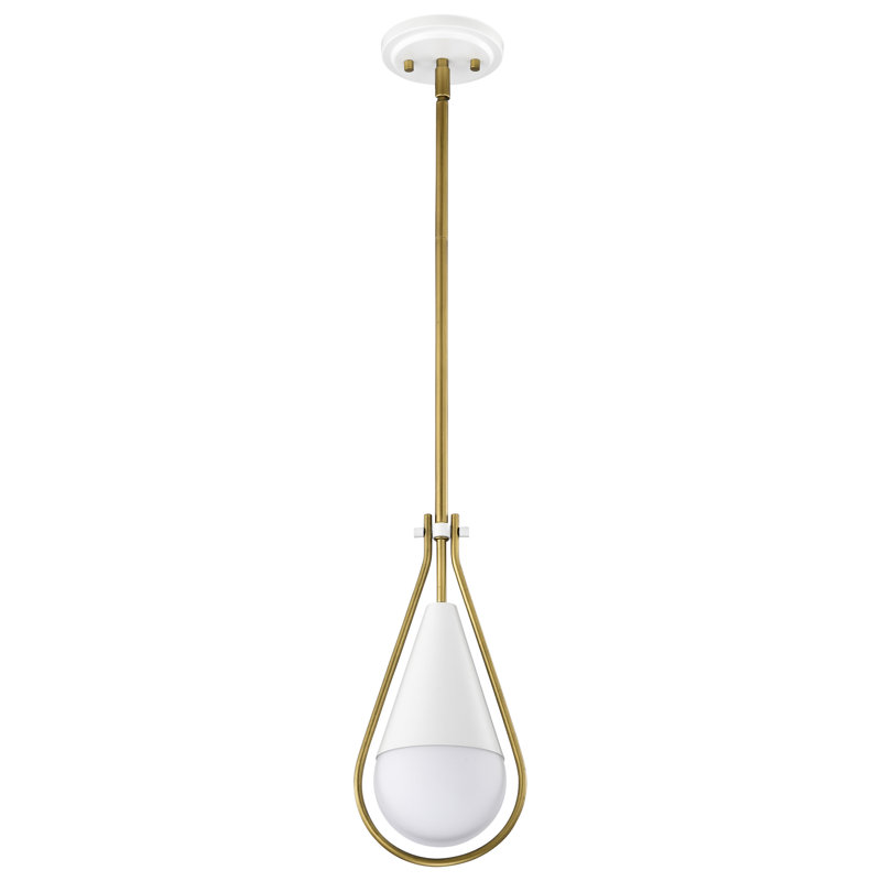 Luminaire suspendu en forme de larme à 1 lumière Marnix, H 53 po x l 6,5 po x P 6,5 po, Blanc mat / laiton naturel