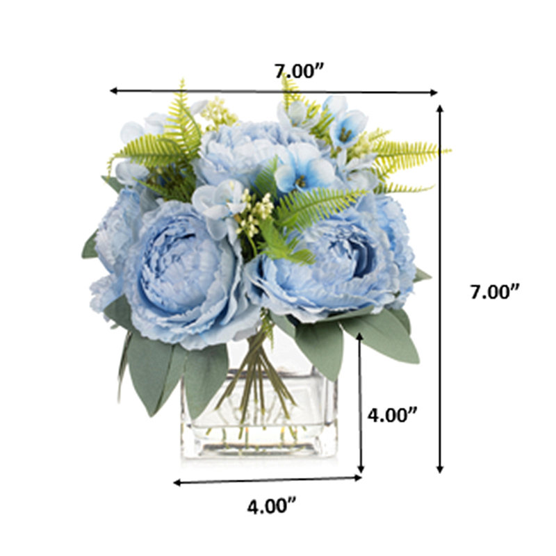 Arrangement de pivoines artificielles dans un vase en verre avec de l'eau artificielle (bleu), Bleu