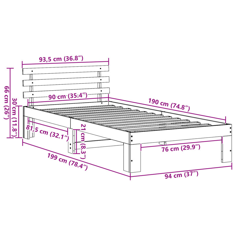 Bed Frame with Headboard Solid Pine Wood, Single (3'), Wax Brown