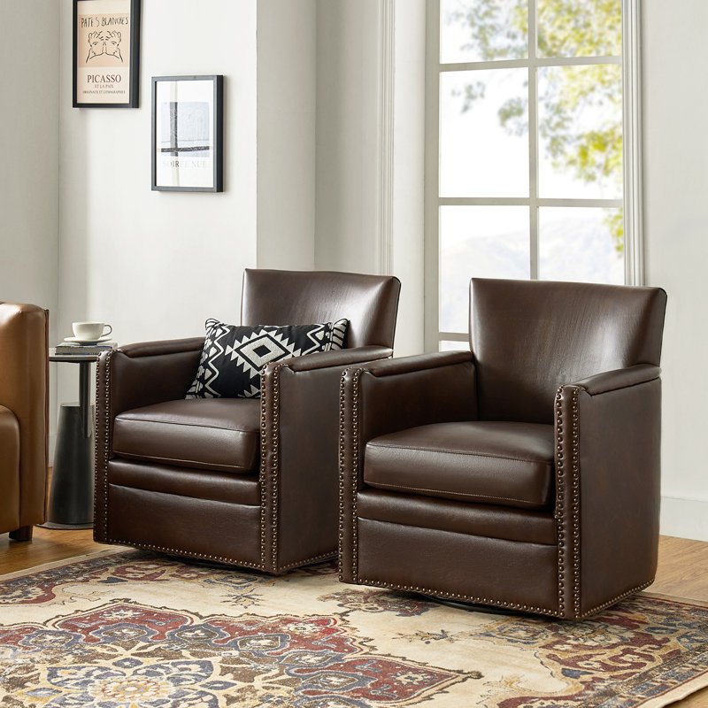 Sandra 29'' Wide Genuine Leather Swivel Chair (Set Of 2), Charcoal Genuine Leather