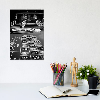 1960s Casino Viewed form End of Roulette Table Opposite of Wheel Looking Toward Statues of Female Showgirls 1 Piece Wrapped Canvas Wall Art