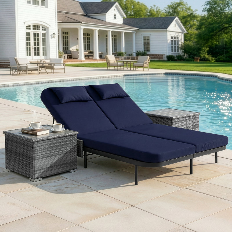 Outdoor Wicker Double Chaise Lounge Chair with Side Table & Cushions, Adjustable Reclining Back, Navy