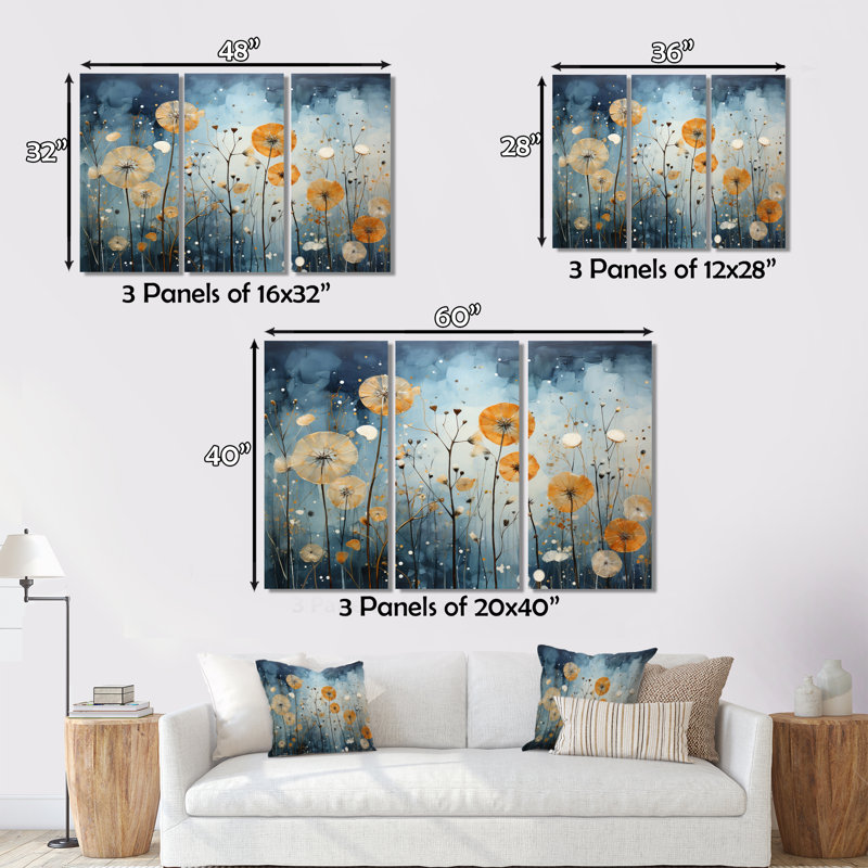 Blue Dandelion Floral Symphony VI - 3 pièces sur toile tendue, H 28 po x l 36 po x P 1 po