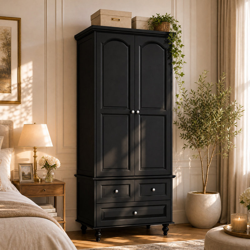 Armoire moderne avec 2 portes et 3 tiroirs de rangement, organisateur de garde-robe de chambre à coucher avec tringle et tablettes pour le rangement des vêtements, les petits espaces et les appartements