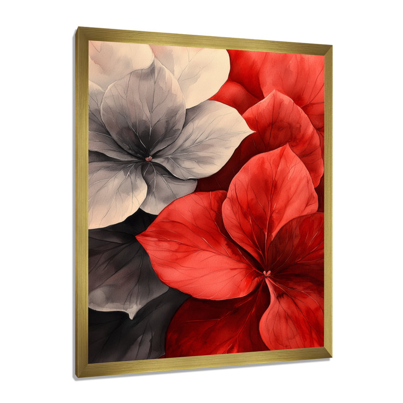Monogramme de l'hortensia rouge et pétales d'accent III - impression d'art mural floral, H 20 po x l 12 po, Doré