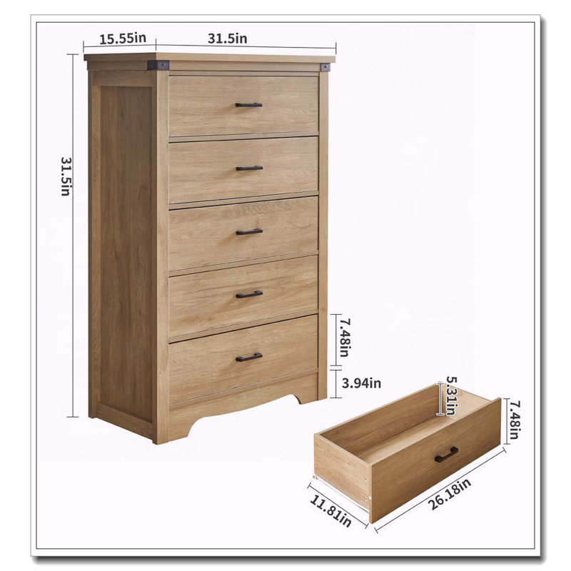 Commode 31,4 po de hauteur et commode, Chêne - 5 tiroirs