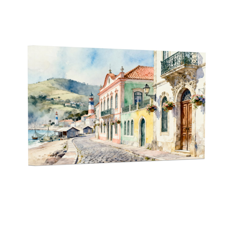 Scène d'aquarelle de ville côtière pittoresque, H 20 po x l 30 po