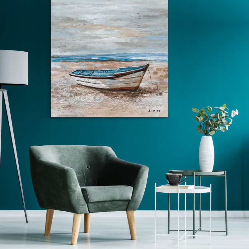 Le bateau sur la plage - peinture sur toile tendue, H 40 po x l 40 po x P 1,5 po