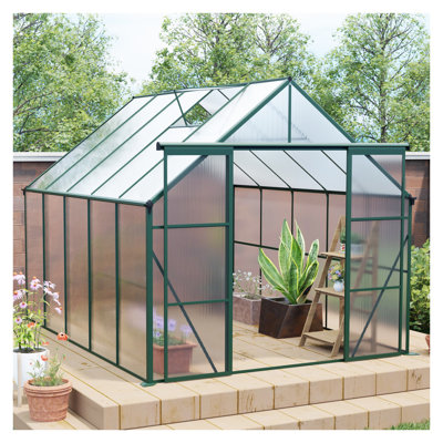 8x10 FT Heavy Duty Aluminum Walk-in Greenhouse with Double Sliding Doors, Raised Base & Adjustable Roof Vent for Outdoor Backyard Gardening