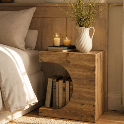 C-Shaped Solid Wood Nightstand, 3-Tier Farmhouse Narrow Bedside Table with Storage Shelf for Bedroom, Small Spaces, Living Room(2Pcs)