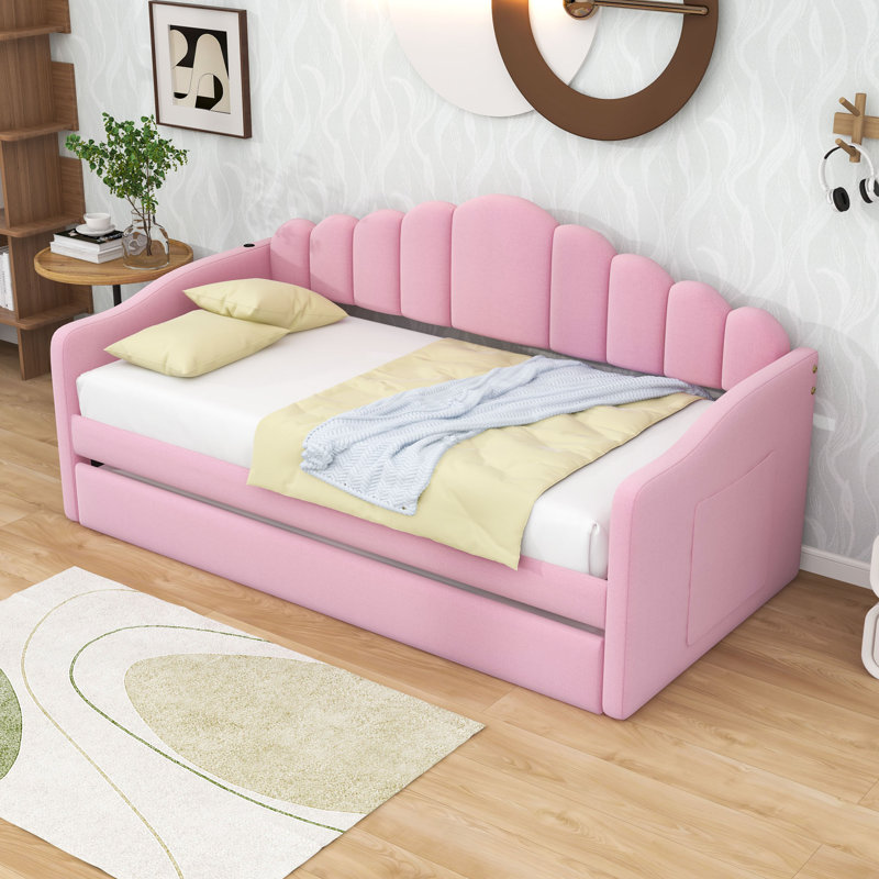 Lit de jour simple en velours avec couchette simple et ports de charge USB, Rose