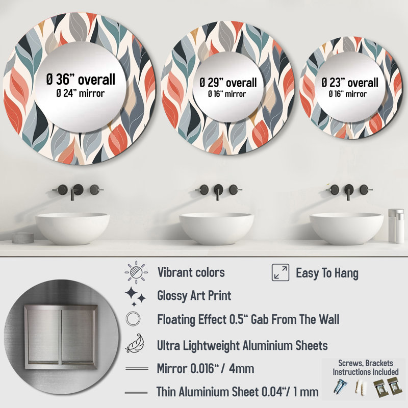 Retro AbstractáLeaves I - Geometric Unique Mirror, Modern Large Round Wall Mirror, Printed Metal Art, 29" x 29"