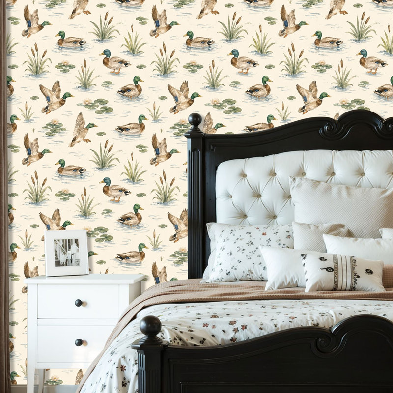 Peler et coller le papier de contact Aquarelle Mallard Ducks Lily Pads Reeds auto-adhésif et amovible 24 po x 118 po (60 x 300 cm)