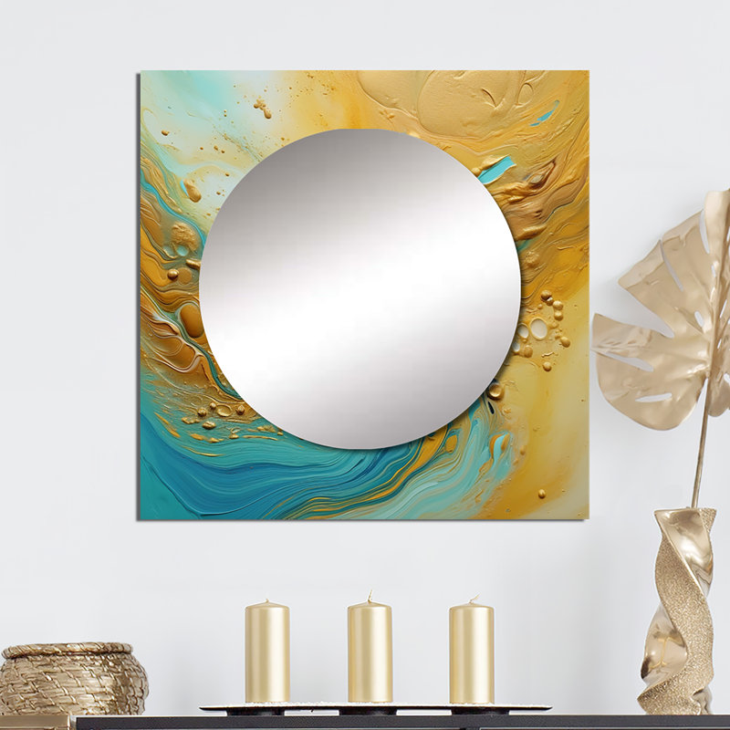 Golden Ocean Waves Turquoise Abstract VI - Miroir carré abstrait pour décoration murale, 36 po x 36 po
