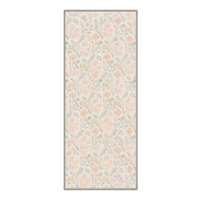Machine Washable Damask Ivory / Pink Hallway Runner With Non-Slip Backing