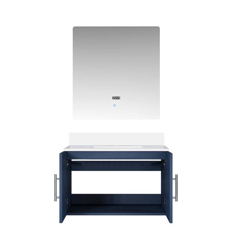 Meuble-lavabo bleu marine 30 po X P 22 po, plateau en quartz, miroir à DEL - rayure, teinture, compartiment en bleu, fermeture en douceur, rayure et teinture, rangement spacieux