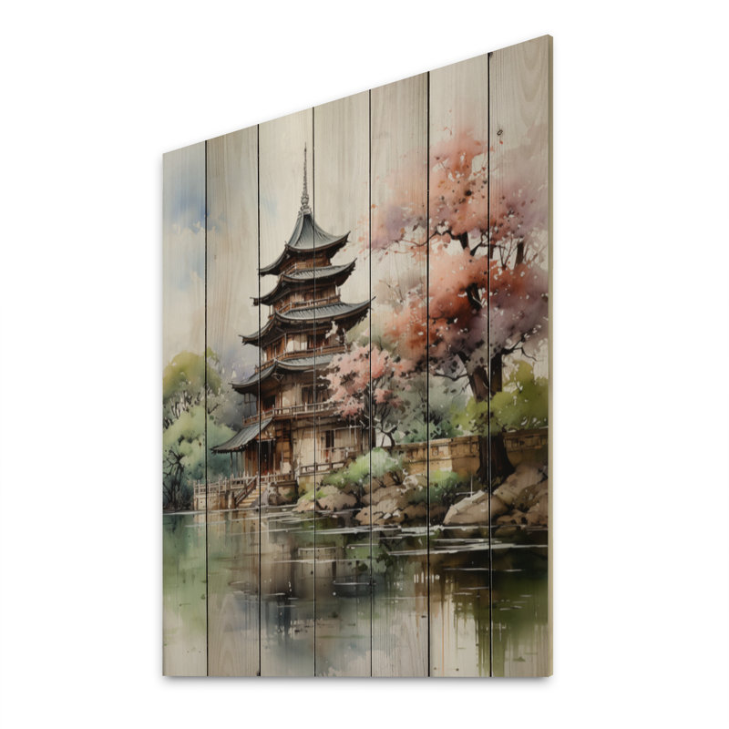 Art asiatique, pagode sereine II sur bois, H 40 po x l 30 po x P 0,78 po