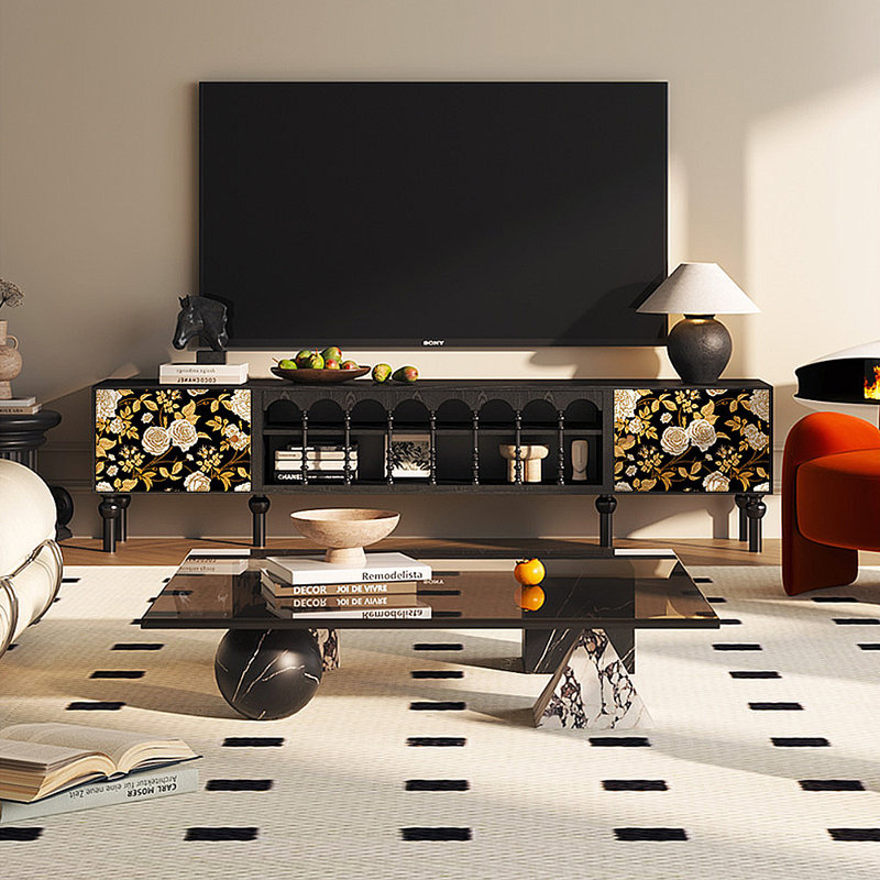 Meuble télé avec rangement peint français rétro, H 21,26 po x L 86,61 po x l 15,75 po, Noir