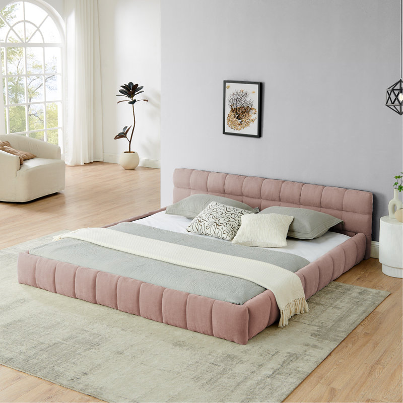 King Size Upholstered Bed Frame With Thick Fabric, Chenille Fabric Grounded Platform Bed With Headboard And Solid Frame. No Box Spring Needed-Pink(88.5''*85.5''*24'')