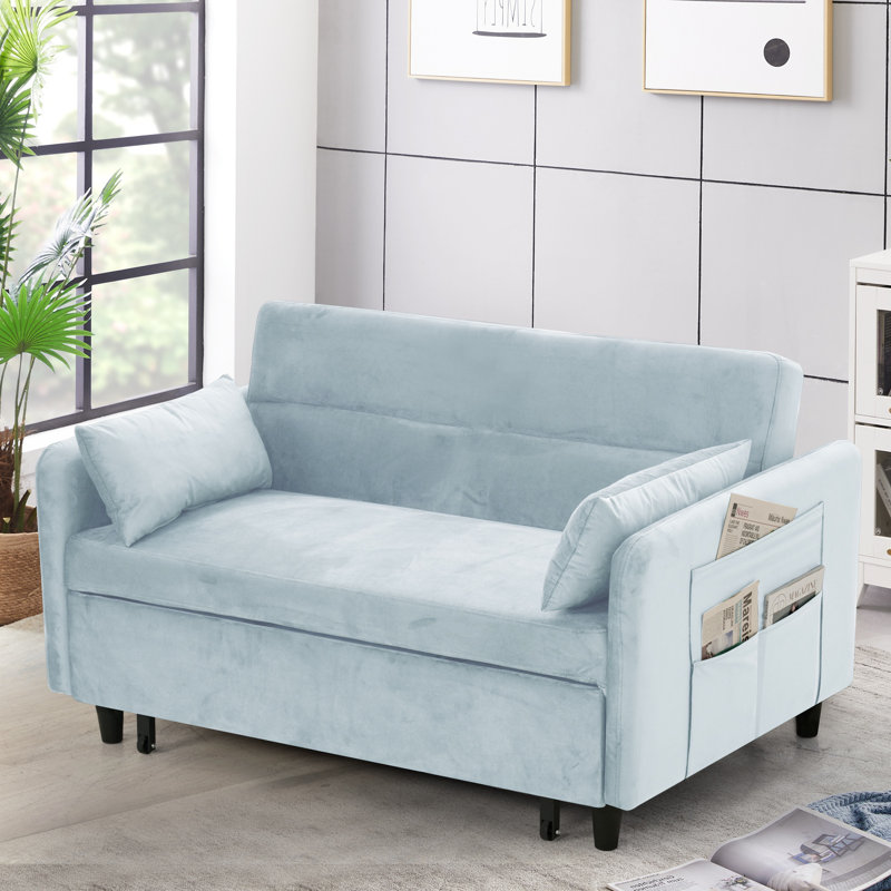Modern Loveseat with Pull Out Bed And Two Pillows Pull Out Couch Pull Out Sofa Sleeper Sofa Bed, Blue Velvet