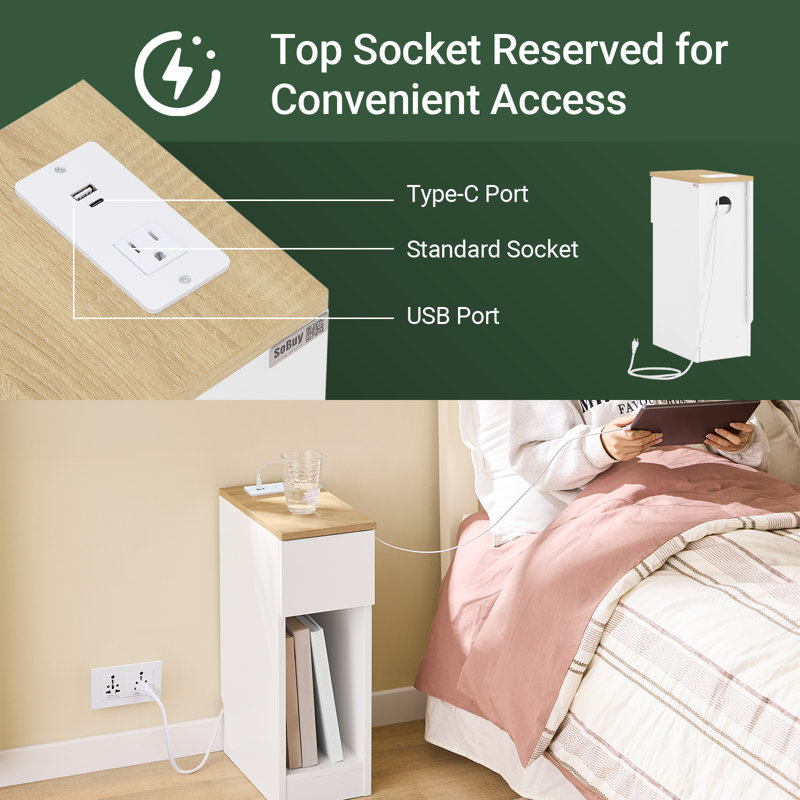Table de chevet étroite avec tiroir, ports USB et Type-C de 13,8 po de largeur avec station de charge