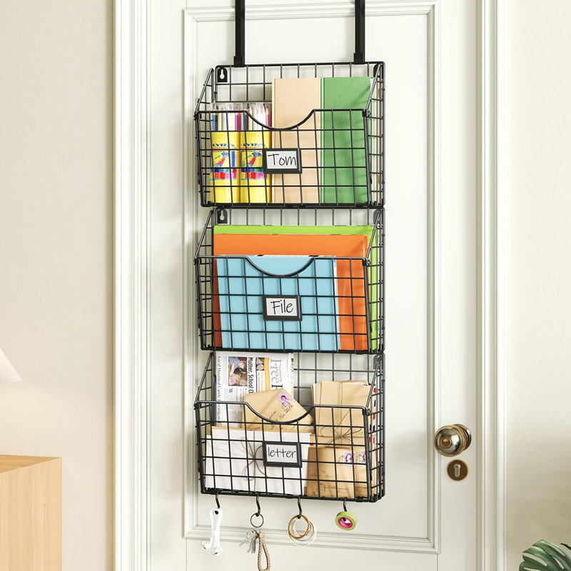 Organisateur de dossiers mural à 3 niveaux, porte-classeur au-dessus de la porte et mural avec 6 crochets et fente pour étiquette, support de dossier en métal pour le rangement de magazines de courrier à domicile - noir