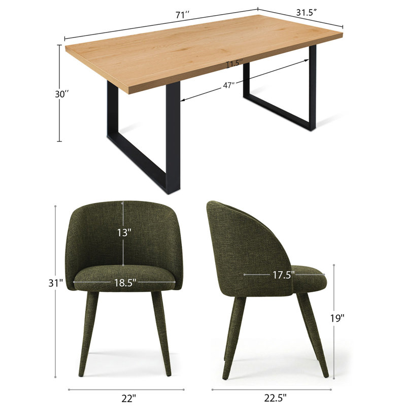 71" Rectangular Dining Table Set With Upholstered Armchairs, Green