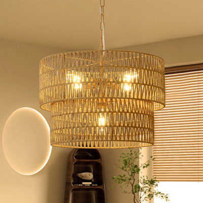 4 - Light Bohemian Natural Rattan Hand - woven 2 - Tier Drum Chandelier