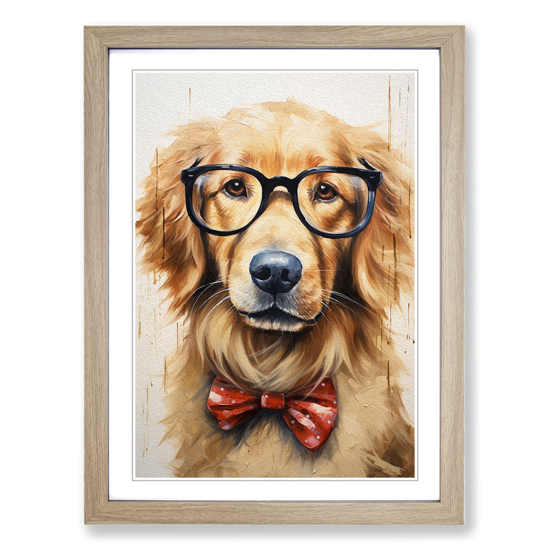 Golden Retriever With Glasses - Single Picture Frame Print on Wood, Oak, 34cm H x 25cm W x 2cm D