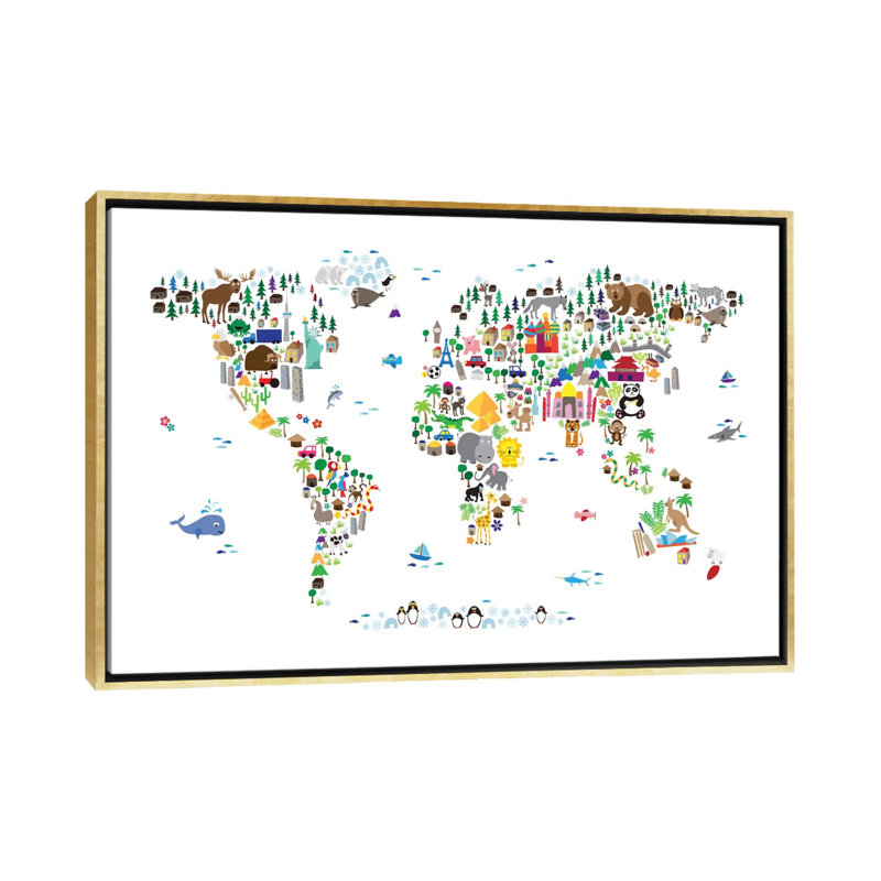 « animal map of the world » par michael tompsett-print, H 32 po x l 48 po x P 1,5 po, Toile encadrée d'or