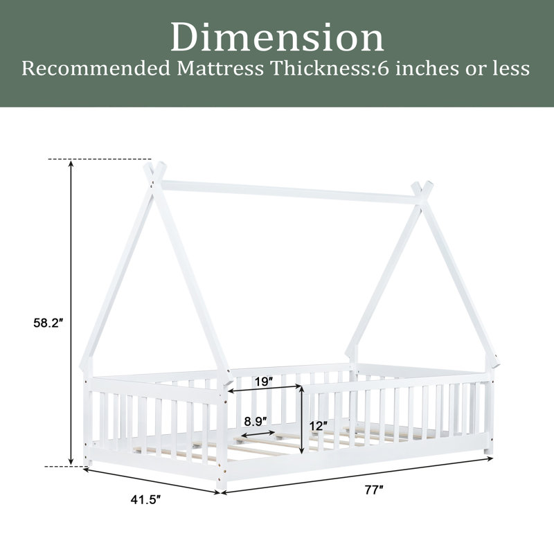 Tent-Shaped Floor Bed,Teepee Bed With Guardrails,Slats, White