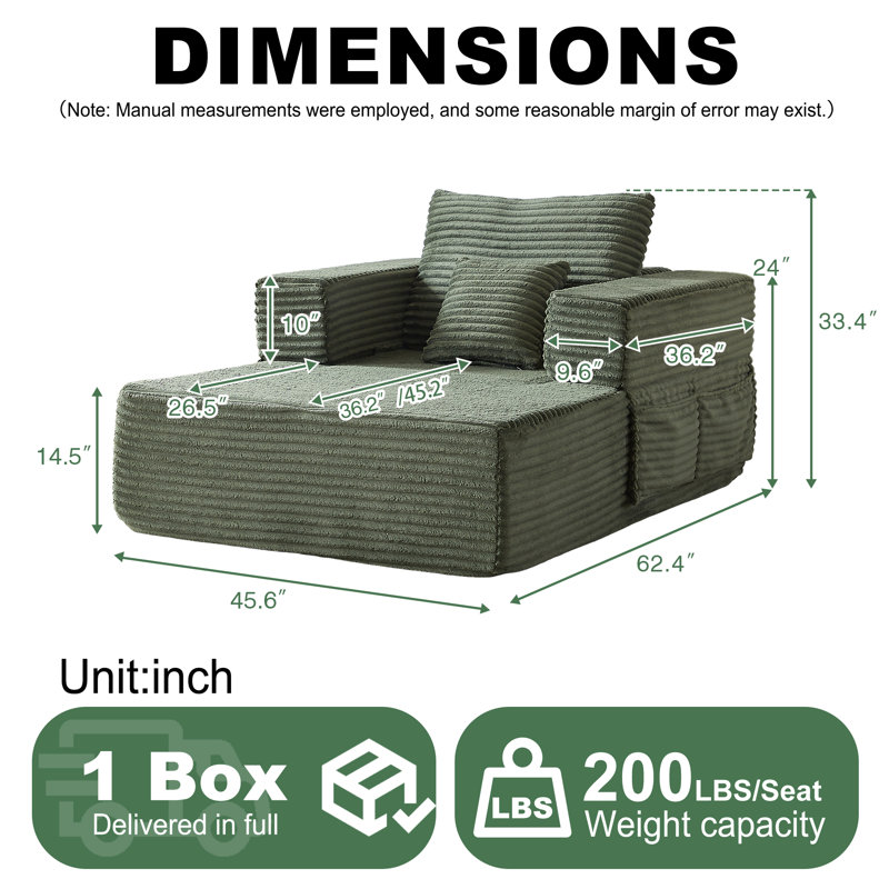 Fauteuil inclinable une place en velours côtelé vert, fauteuil lounge modulaire de 159 cm avec rangement intégré dans l'accoudoir, coussin décoratif, mousse haute densité pour une utilisation intérieure polyvalente