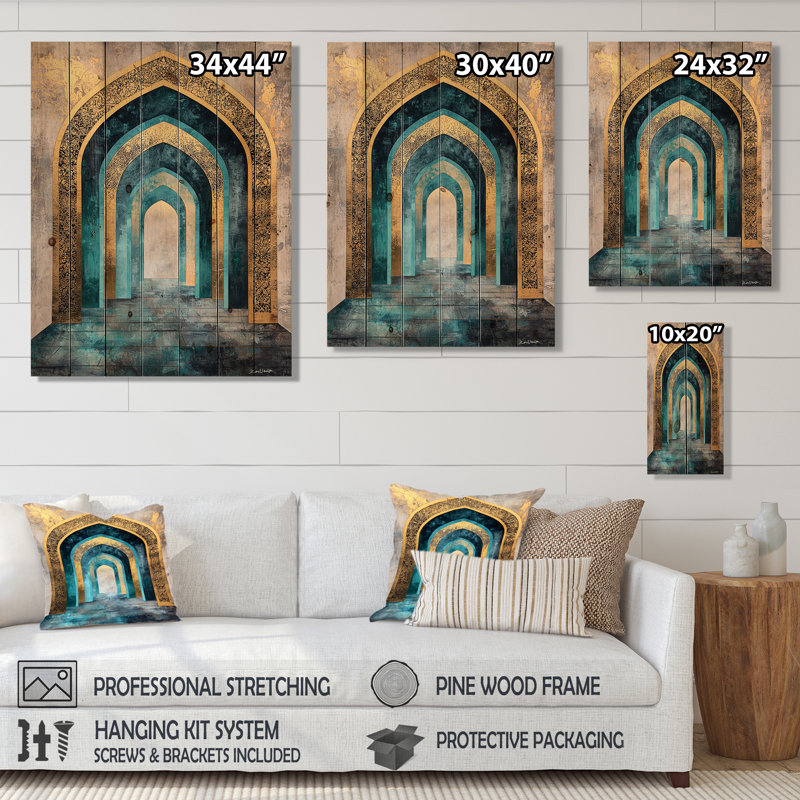 Voyage doré de grès arches II - décoration murale en bois de l'islam sur bois de pin naturel, H 44 po x l 34 po