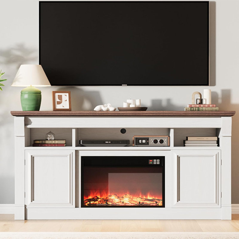 58" Farmhouse Fireplace TV Stand, Entertainment Center with Open Storage Cabinets, Media Console for Living Room
