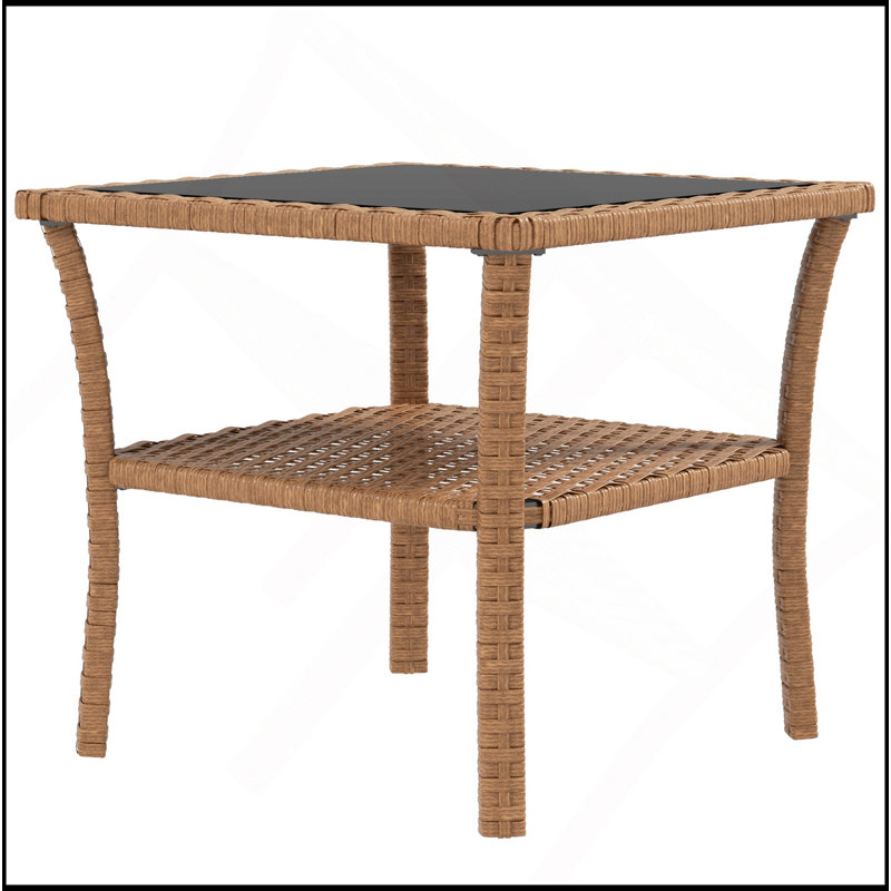 Side Table, Outdoor End Table With Storage Shelf, Aluminum Frame, Tempered Glass Top, Weather-Resistant Design, Brown