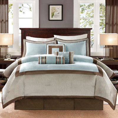7 Piece King Bedding - With Blue Comforter And Intricate Ribbon Decorative Pillows Wrinkle- Taupe Border Machine Washable Steam