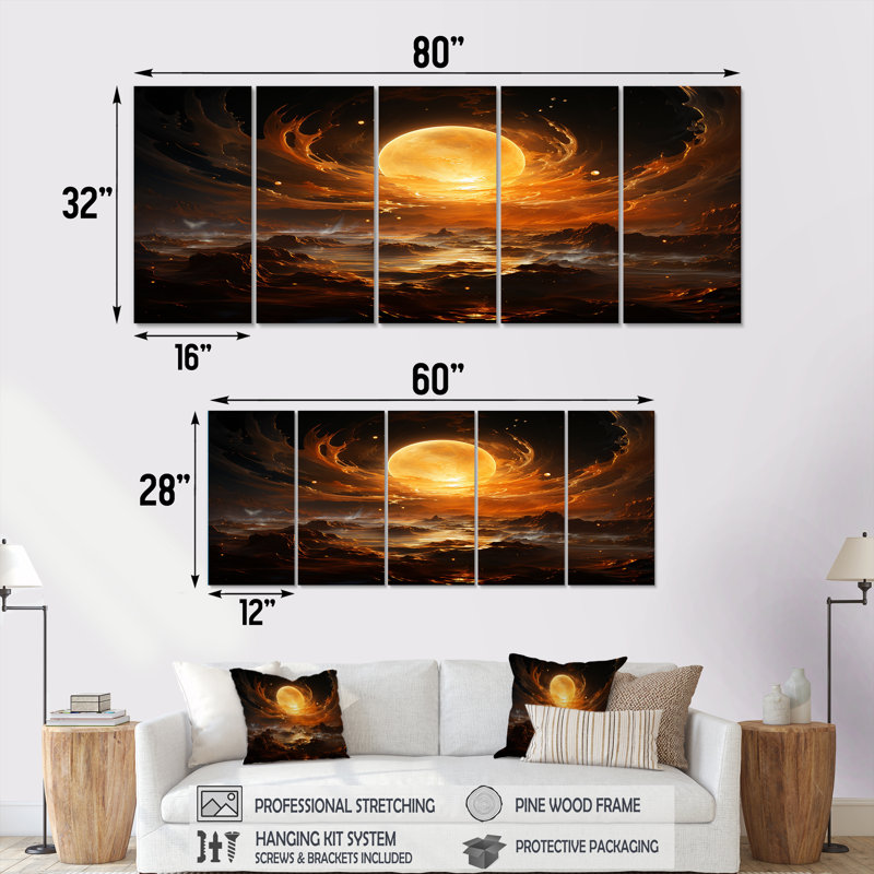 Verre de feu saturn planète II - planètes, art mural 5 pièces, H 32 po x l 80 po