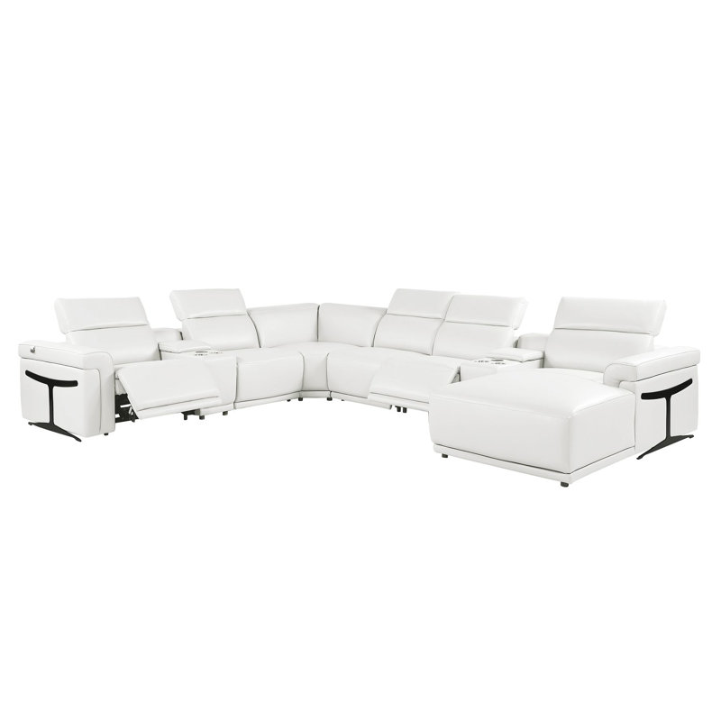 Canapé modulaire blanc en forme de L en cuir italien 8 pièces faisant face à la droite avec 2 fauteuils inclinables électriques et appuis-tête réglables