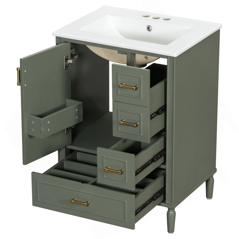 Meuble-lavabo moderne de 24 po avec lavabo en céramique, porte à fermeture douce, 3 tiroirs, poignées dorées et support de porte pour un rangement peu encombrant