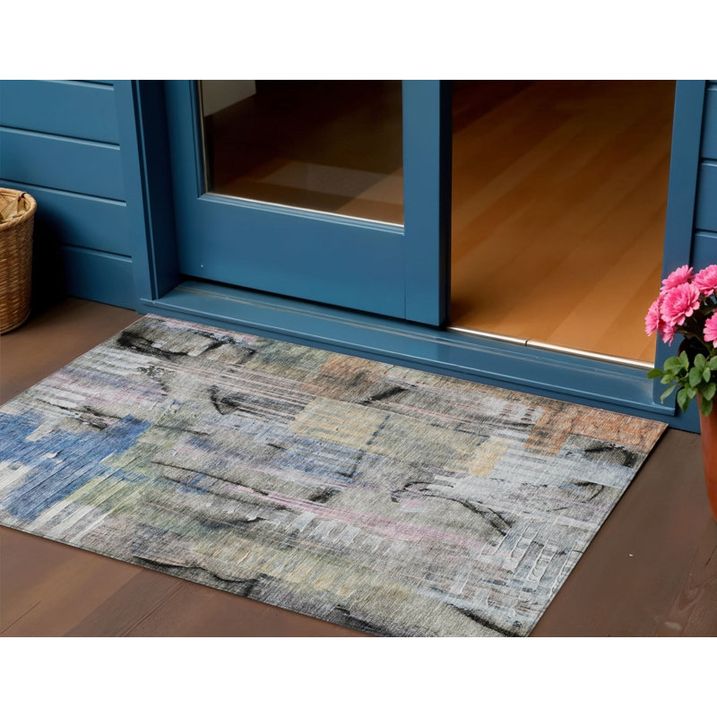 Tapis d'extérieur lavable abstrait bleu et cuivre 3 pi x 5 pi bleu