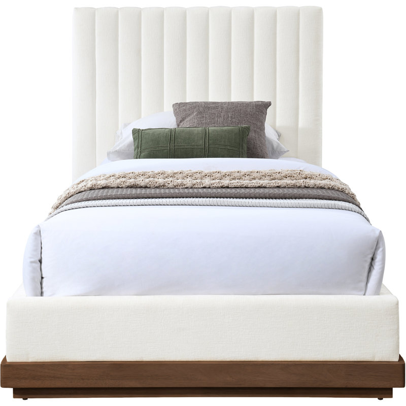 Emmet Chenille Fabric Bed, Twin, Cream Chenille Fabric / Natural Oak