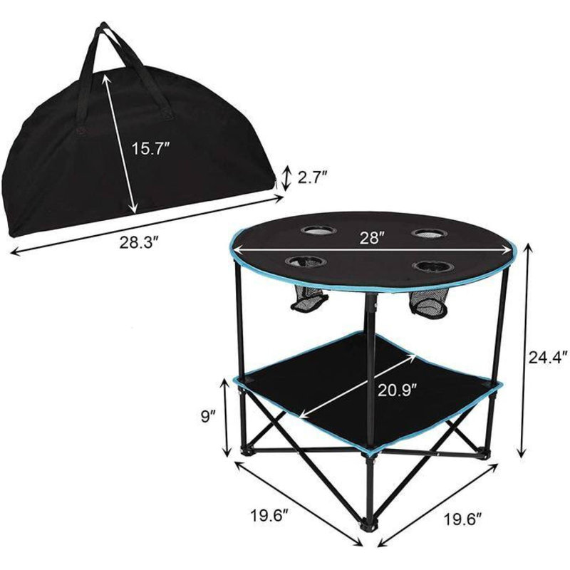 Portable Folding Table For Camping & Picnics, Round Collapsible Design With 4 Cup Holders, Includes Carry Bag - Black & Blue