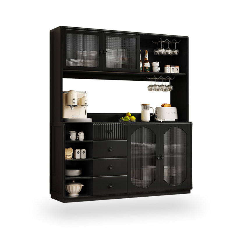 Buffet noir massif + bois manufacturé + verre