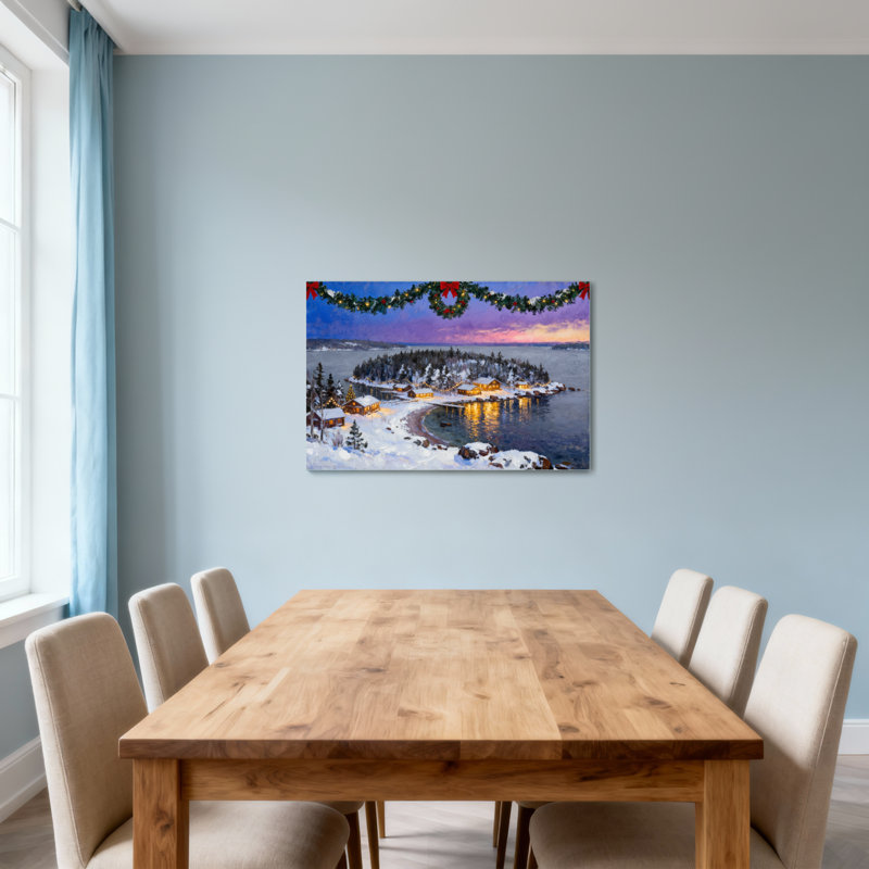 Scène de chalet de Noël avec neige et lumières, H 20 po x l 30 po