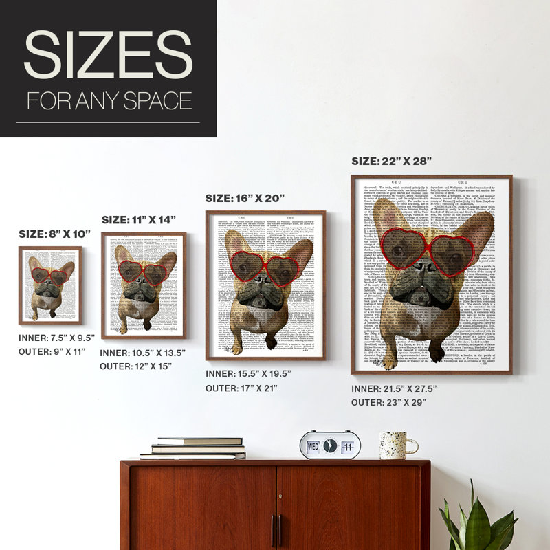 Bouledogue français et verres à cœur, reproduction encadrée - bois massif, Cadre photo brun simple, H 10 po x l 8 po
