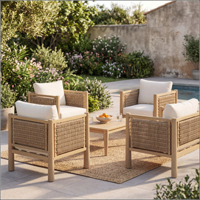 Ensemble de 4 chaises de patio d'extérieur en bois d'acacia avec coussins en osier PE brun clair et beige, parfait pour les sièges de patio et de terrasse