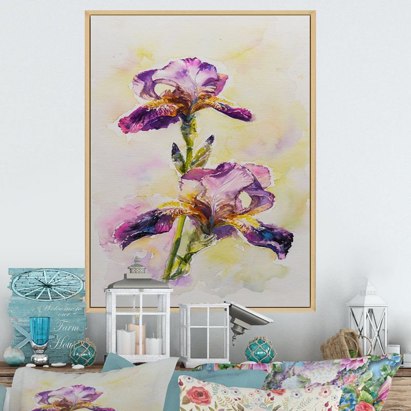 Aquarelle Iris fleur rose - décoration murale traditionnelle sur toile, H 32 po x l 16 po x P 1 po
