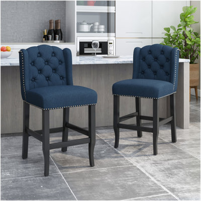 Vienna Contemporary Fabric Tufted Wingback 27 Inch Counter Stools, Set Of 2, Navy Blue 