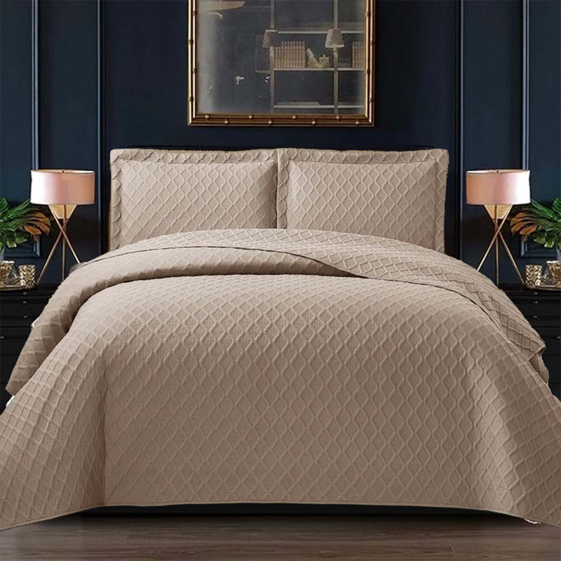Bedspread Diamond Check Embossed Set with Pillow Shams, Textured All-Season Comfort, Single, Double, King & Super King, Mink